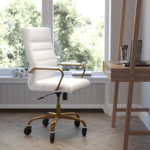 Comfort and style abound in this high-back LeatherSoft office chair with a contrasting gold frame and updated ball-bearing roller style wheels making it the perfect seating solution for your workspace. Crafted from premium materials