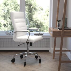Comfort and style abound in this high-back LeatherSoft office chair with a contrasting chrome frame and updated ball-bearing roller style wheels making it the perfect seating solution for your workspace. Crafted from premium materials