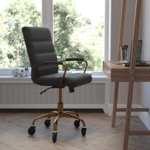 Comfort and style abound in this mid-back LeatherSoft office chair with a contrasting gold frame and updated ball-bearing roller style wheels making it the perfect seating solution for your workspace. Crafted from premium materials