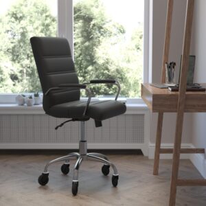 Comfort and style abound in this mid-back LeatherSoft office chair with a contrasting chrome frame and updated ball-bearing roller style wheels making it the perfect seating solution for your workspace. Crafted from premium materials
