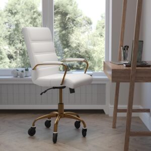 Comfort and style abound in this mid-back LeatherSoft office chair with a contrasting gold frame and updated ball-bearing roller style wheels making it the perfect seating solution for your workspace. Crafted from premium materials