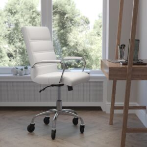 Comfort and style abound in this mid-back LeatherSoft office chair with a contrasting chrome frame and updated ball-bearing roller style wheels making it the perfect seating solution for your workspace. Crafted from premium materials