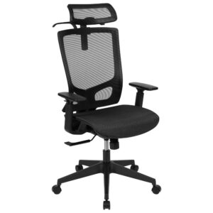 Improve your work productivity with a high back mesh office chair offering comfort and character to your office space. A fully transparent mesh office chair circulates air to both your back and underside. The ventilated mesh material provides adequate airflow that you never knew you desired until you've sat in a mesh chair. Falling articles are reduced with a coat hanger hook for convenient retrieval. Don't let work stress you out or be uncomfortable while doing so when you have an ergonomic office chair on your side. The ratchet height adjustable headrest also includes a full pivot range of motion to customize to your desired positioning. What makes this office chair unique and ergonomic is the synchro-tilt where the back and seat recline at a 2-to-1 ratio respectively