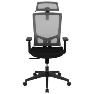 Improve your work productivity with a high back two-tone mesh office chair offering comfort and character to your office space. A fully transparent mesh office chair circulates air to both your back and underside. The ventilated mesh material provides adequate airflow that you never knew you desired until you've sat in a mesh chair. Falling articles are reduced with a coat hanger hook for convenient retrieval. Don't let work stress you out or be uncomfortable while doing so when you have an ergonomic office chair on your side. The ratchet height adjustable headrest also includes a full pivot range of motion to customize to your desired positioning. What makes this office chair unique and ergonomic is the synchro-tilt where the back and seat recline at a 2-to-1 ratio respectively