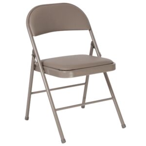 When your guest brings a surprise plus one handle the situation with ease by pulling out this classic metal folding chair with vinyl upholstery. This folding chair is built for everyday or occasional use in your business or home. The padded folding chair is upholstered in gray vinyl that is easy to clean and coordinates seamlessly with the frame. Its 18-gauge curved steel frame is double braced with leg strengthening support bars to hold up to 225 pounds while the non-marring floor glides protect your flooring from scuffs and scrapes. These portable folding chairs fold compactly to transport and store. Don't stay confined inside