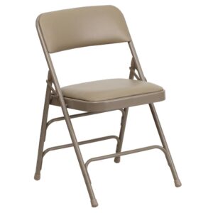 Host Thanksgiving at your house and leave out "bring your own chair" on the invite we've got you covered with these padded folding chairs. These heavy-duty metal folding chairs are built for commercial businesses who host a myriad of events and need to accommodate people of varying sizes. Portable chairs are ideal in community centers to transport from storage to venue floor. Change the scenery with these outdoor metal chairs by taking the party outside. Take care of your chairs so they last you many years by storing indoors. Its 18-gauge curved steel frame is triple braced with leg strengthening support bars to hold up to 300 pounds while the non-marring floor glides protect your flooring from scuffs and scrapes. Celebrate all family events at your home for guests to sit comfortably atop these upholstered folding chairs. These chairs come assembled to be of service as soon as they're delivered.