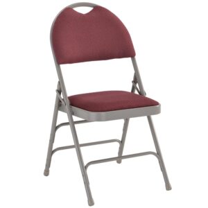 You'll rethink the way that you look at folding chairs once you purchase one of these ultra-premium folding chairs that are designed for comfort with its higher back style. Visitors won't mind coming to your place of business and having to wait when you offer padded seating that fully supports their backs. This portable chair has a carrying handle to make transporting much easier when storing away. Take advantage of the good weather by hosting parties outdoors with these outdoor metal chairs. Ensure lasting use by storing indoors and protecting your frame from extreme moisture. These metal folding chairs are commercial grade to withstand heavy and daily usage in any industry. Its 18-gauge curved powder coated steel frame is triple braced with leg strengthening support bars to hold up to 300 pounds. Non-marring floor glides on the legs protect your floors by sliding smoothly when you move them. The uses are endless with multi-purpose chairs to fulfill your seating needs for your business or home. With nothing to assemble these chairs come ready to service your needs.