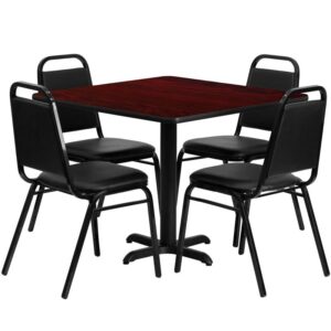 X-Base and 4 Black Banquet Chairs that have a 500 lb. capacity rating to accommodate all users. Surface is heat