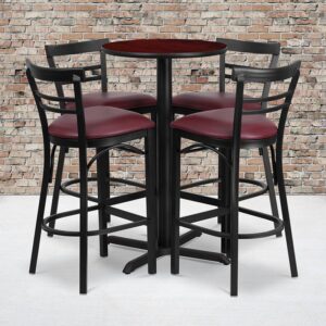 Don't have time to search through hundreds or thousands of table and seating options? This complete Bar Height Table and Stool set saves you time to focus on your growing business. This set includes an elegant Mahogany Laminate Table Top