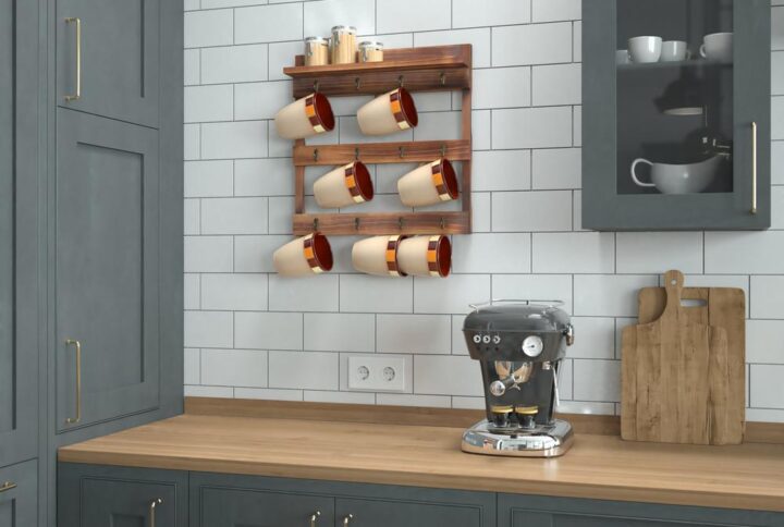Get organized and showcase your personal style with this wooden wall mounted coffee mug rack with storage shelf. Constructed from solid pine wood with extra space between the hanging hooks