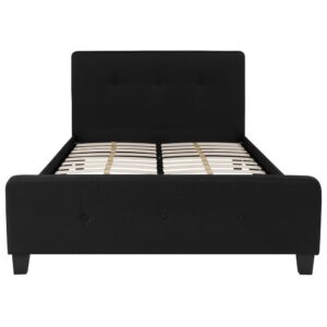 low profile platform bed. Platform beds are designed to give your room an open concept feel and are perfect for those who don't like high seated beds. The tufted headboard adds an extra element of style. The frame features a center support and 28 wooden slats that are designed to support your mattress without the use of a box spring. A peaceful nights rest has never looked this/so good.