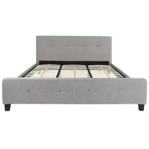 low profile platform bed. Platform beds are designed to give your room an open concept feel and are perfect for those who don't like high seated beds. The tufted headboard adds an extra element of style. The frame features a center support and 45 wooden slats that are designed to support your mattress without the use of a box spring. A peaceful nights rest has never looked this/so good.
