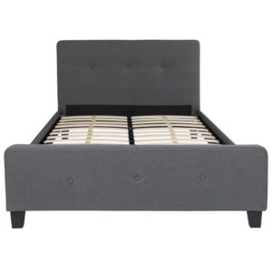 low profile platform bed. Platform beds are designed to give your room an open concept feel and are perfect for those who don't like high seated beds. The tufted headboard adds an extra element of style. The frame features a center support and 28 wooden slats that are designed to support your mattress without the use of a box spring. A peaceful nights rest has never looked this/so good.