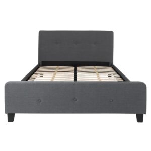 low profile platform bed. Platform beds are designed to give your room an open concept feel and are perfect for those who don't like high seated beds. The tufted headboard adds an extra element of style. The frame features a center support and 30 wooden slats that are designed to support your mattress without the use of a box spring. A peaceful nights rest has never looked this/so good.
