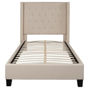 low profile platform bed is for you. Platform beds are designed to give your room an open concept feel and are perfect for those who don't like high seated beds. The tufted headboard adds an extra element of style. The frame features a center support and 14 wooden slats that are designed to support your mattress without the use of a box spring. Finally
