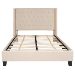 low profile platform bed is for you. Platform beds are designed to give your room an open concept feel and are perfect for those who don't like high seated beds. The tufted headboard adds an extra element of style. The frame features a center support and 28 wooden slats that are designed to support your mattress without the use of a box spring. Finally