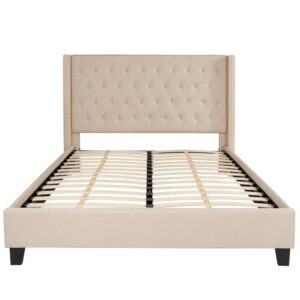 low profile platform bed is for you. Platform beds are designed to give your room an open concept feel and are perfect for those who don't like high seated beds. The tufted headboard adds an extra element of style. The frame features a center support and 30 wooden slats that are designed to support your mattress without the use of a box spring. Finally