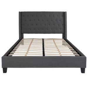 low profile platform bed is for you. Platform beds are designed to give your room an open concept feel and are perfect for those who don't like high seated beds. The tufted headboard adds an extra element of style. The frame features a center support and 30 wooden slats that are designed to support your mattress without the use of a box spring. Finally