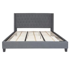 low profile platform bed is for you. Platform beds are designed to give your room an open concept feel and are perfect for those who don't like high seated beds. The tufted headboard adds an extra element of style. The frame features a center support and 45 wooden slats that are designed to support your mattress without the use of a box spring. Finally