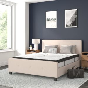 this bed provides that in a stylish package. The headboard won't take up too much wall space so you can add decorative art above its frame. With a low set footboard it makes a presence that won't overrun your space. The matching button tufted headboard and footboard unify the design. The frame features a center support leg and 30 wooden slats that are designed to support the mattress without the use of a box spring. The 10" pocket spring mattress provides superior motion isolation and supports the contours of your body. The interior make-up consists of pocket spring coils and CertiPUR-US Certified foam. The mattress instantly starts expanding once you cut the plastic and will return to its original shape in 48 to 72 hours. Update your bedroom or guest bedroom furniture with this easy-going bed set.