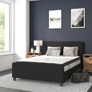 this bed provides that in a stylish package. The headboard won't take up too much wall space so you can add decorative art above its frame. With a low set footboard it makes a presence that won't overrun your space. The matching button tufted headboard and footboard unify the design. The frame features a center support leg and 28 wooden slats that are designed to support the mattress without the use of a box spring. The 10" pocket spring mattress provides superior motion isolation and supports the contours of your body. The interior make-up consists of pocket spring coils and CertiPUR-US Certified foam. The mattress instantly starts expanding once you cut the plastic and will return to its original shape in 48 to 72 hours. Update your bedroom or guest bedroom furniture with this easy-going bed set.