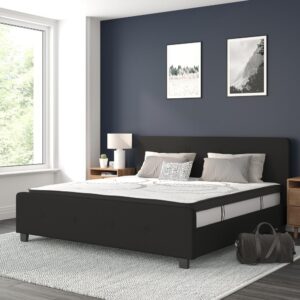 this bed provides that in a stylish package. The headboard won't take up too much wall space so you can add decorative art above its frame. With a low set footboard it makes a presence that won't overrun your space. The matching button tufted headboard and footboard unify the design. The frame features a center support leg and 45 wooden slats that are designed to support the mattress without the use of a box spring. The 10" pocket spring mattress provides superior motion isolation and supports the contours of your body. The interior make-up consists of pocket spring coils and CertiPUR-US Certified foam. The mattress instantly starts expanding once you cut the plastic and will return to its original shape in 48 to 72 hours. Update your bedroom or guest bedroom furniture with this easy-going bed set.