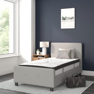 this bed provides that in a stylish package. The headboard won't take up too much wall space so you can add decorative art above its frame. With a low set footboard it makes a presence that won't overrun your space. The matching button tufted headboard and footboard unify the design. The frame has 14 wooden slats that are designed to support the mattress without the use of a box spring. The 10" pocket spring mattress provides superior motion isolation and supports the contours of your body. The interior make-up consists of pocket spring coils and CertiPUR-US Certified foam. The mattress instantly starts expanding once you cut the plastic and will return to its original shape in 48 to 72 hours. Update your bedroom or guest bedroom furniture with this easy-going bed set.