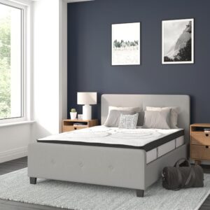 this bed provides that in a stylish package. The headboard won't take up too much wall space so you can add decorative art above its frame. With a low set footboard it makes a presence that won't overrun your space. The matching button tufted headboard and footboard unify the design. The frame features a center support leg and 28 wooden slats that are designed to support the mattress without the use of a box spring. The 10" pocket spring mattress provides superior motion isolation and supports the contours of your body. The interior make-up consists of pocket spring coils and CertiPUR-US Certified foam. The mattress instantly starts expanding once you cut the plastic and will return to its original shape in 48 to 72 hours. Update your bedroom or guest bedroom furniture with this easy-going bed set.
