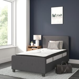 this bed provides that in a stylish package. The headboard won't take up too much wall space so you can add decorative art above its frame. With a low set footboard it makes a presence that won't overrun your space. The matching button tufted headboard and footboard unify the design. The frame has 14 wooden slats that are designed to support the mattress without the use of a box spring. The 10" pocket spring mattress provides superior motion isolation and supports the contours of your body. The interior make-up consists of pocket spring coils and CertiPUR-US Certified foam. The mattress instantly starts expanding once you cut the plastic and will return to its original shape in 48 to 72 hours. Update your bedroom or guest bedroom furniture with this easy-going bed set.