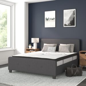 this bed provides that in a stylish package. The headboard won't take up too much wall space so you can add decorative art above its frame. With a low set footboard it makes a presence that won't overrun your space. The matching button tufted headboard and footboard unify the design. The frame features a center support leg and 30 wooden slats that are designed to support the mattress without the use of a box spring. The 10" pocket spring mattress provides superior motion isolation and supports the contours of your body. The interior make-up consists of pocket spring coils and CertiPUR-US Certified foam. The mattress instantly starts expanding once you cut the plastic and will return to its original shape in 48 to 72 hours. Update your bedroom or guest bedroom furniture with this easy-going bed set.