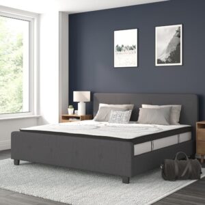 this bed provides that in a stylish package. The headboard won't take up too much wall space so you can add decorative art above its frame. With a low set footboard it makes a presence that won't overrun your space. The matching button tufted headboard and footboard unify the design. The frame features a center support leg and 45 wooden slats that are designed to support the mattress without the use of a box spring. The 10" pocket spring mattress provides superior motion isolation and supports the contours of your body. The interior make-up consists of pocket spring coils and CertiPUR-US Certified foam. The mattress instantly starts expanding once you cut the plastic and will return to its original shape in 48 to 72 hours. Update your bedroom or guest bedroom furniture with this easy-going bed set.
