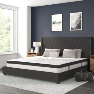you've found the bed of your dreams at a price no one will believe. This gorgeous platform bed will keep your bedroom looking fresh for years. This beauty is adorned by nailhead trimming on the protruding sides and has a button tufted panel headboard. The headboard has a decent amount of height to prop yourself up against it. No footboard means you have easy access to make up your bed. The low base frame provides you with an open concept feel. Settle in for a peaceful night of resting atop the pocket spring mattress supported by 45 wooden slats that are designed to support the mattress without the use of a box spring. The 10" pocket spring mattress provides superior motion isolation and supports the contours of your body. The interior make-up consists of pocket spring coils and CertiPUR-US Certified foam. The mattress instantly starts expanding once you cut the plastic and will return to its original shape in 48 to 72 hours. You deserve a job well done for selecting such a breathtaking bed that will give your space the uplift that you've been yearning for.