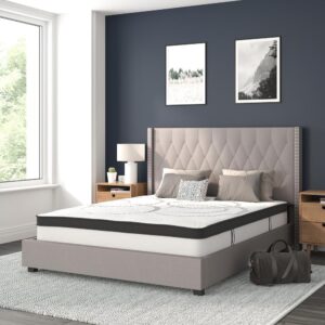you've found the bed of your dreams at a price no one will believe. This gorgeous platform bed will keep your bedroom looking fresh for years. This beauty is adorned by nailhead trimming on the protruding sides and has a button tufted panel headboard. The headboard has a decent amount of height to prop yourself up against it. No footboard means you have easy access to make up your bed. The low base frame provides you with an open concept feel. Settle in for a peaceful night of resting atop the pocket spring mattress supported by 30 wooden slats that are designed to support the mattress without the use of a box spring. The 10" pocket spring mattress provides superior motion isolation and supports the contours of your body. The interior make-up consists of pocket spring coils and CertiPUR-US Certified foam. The mattress instantly starts expanding once you cut the plastic and will return to its original shape in 48 to 72 hours. You deserve a job well done for selecting such a breathtaking bed that will give your space the uplift that you've been yearning for.