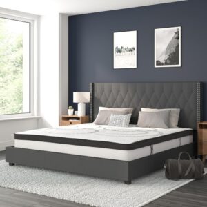 you've found the bed of your dreams at a price no one will believe. This gorgeous platform bed will keep your bedroom looking fresh for years. This beauty is adorned by nailhead trimming on the protruding sides and has a button tufted panel headboard. The headboard has a decent amount of height to prop yourself up against it. No footboard means you have easy access to make up your bed. The low base frame provides you with an open concept feel. Settle in for a peaceful night of resting atop the pocket spring mattress supported by 45 wooden slats that are designed to support the mattress without the use of a box spring. The 10" pocket spring mattress provides superior motion isolation and supports the contours of your body. The interior make-up consists of pocket spring coils and CertiPUR-US Certified foam. The mattress instantly starts expanding once you cut the plastic and will return to its original shape in 48 to 72 hours. You deserve a job well done for selecting such a breathtaking bed that will give your space the uplift that you've been yearning for.