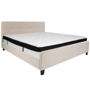 the headboard's height allow you to fill your wall space with pictures and wall art. The button tufted headboard and footboard adds an extra element of style. The mattress sits atop 45 wooden support slats. The 12" memory foam and pocket spring mattress provides superior motion isolation and supports the contours of your body. The hybrid mattress consists of pocket spring coils and two layers of memory foam padding that provide a barrier between the springs for easy resting. The foam is CertiPUR-US Certified so it's free from heavy metals
