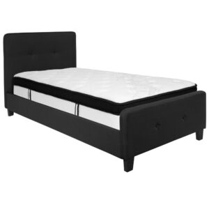 the headboard's height allow you to fill your wall space with pictures and wall art. The button tufted headboard and footboard adds an extra element of style. The mattress sits atop 14 wooden support slats. The 12" memory foam and pocket spring mattress provides superior motion isolation and supports the contours of your body. The hybrid mattress consists of pocket spring coils and two layers of memory foam padding that provide a barrier between the springs for easy resting. The foam is CertiPUR-US Certified so it's free from heavy metals