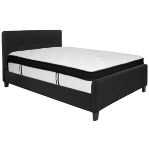 the headboard's height allow you to fill your wall space with pictures and wall art. The button tufted headboard and footboard adds an extra element of style. The mattress sits atop 28 wooden support slats. The 12" memory foam and pocket spring mattress provides superior motion isolation and supports the contours of your body. The hybrid mattress consists of pocket spring coils and two layers of memory foam padding that provide a barrier between the springs for easy resting. The foam is CertiPUR-US Certified so it's free from heavy metals