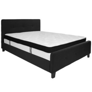 the headboard's height allow you to fill your wall space with pictures and wall art. The button tufted headboard and footboard adds an extra element of style. The mattress sits atop 30 wooden support slats. The 12" memory foam and pocket spring mattress provides superior motion isolation and supports the contours of your body. The hybrid mattress consists of pocket spring coils and two layers of memory foam padding that provide a barrier between the springs for easy resting. The foam is CertiPUR-US Certified so it's free from heavy metals
