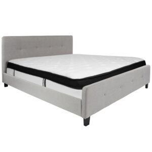 the headboard's height allow you to fill your wall space with pictures and wall art. The button tufted headboard and footboard adds an extra element of style. The mattress sits atop 45 wooden support slats. The 12" memory foam and pocket spring mattress provides superior motion isolation and supports the contours of your body. The hybrid mattress consists of pocket spring coils and two layers of memory foam padding that provide a barrier between the springs for easy resting. The foam is CertiPUR-US Certified so it's free from heavy metals