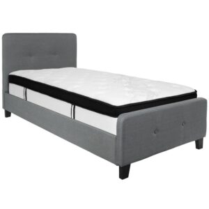 the headboard's height allow you to fill your wall space with pictures and wall art. The button tufted headboard and footboard adds an extra element of style. The mattress sits atop 14 wooden support slats. The 12" memory foam and pocket spring mattress provides superior motion isolation and supports the contours of your body. The hybrid mattress consists of pocket spring coils and two layers of memory foam padding that provide a barrier between the springs for easy resting. The foam is CertiPUR-US Certified so it's free from heavy metals