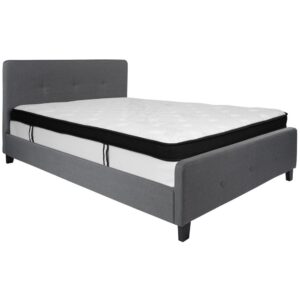 the headboard's height allow you to fill your wall space with pictures and wall art. The button tufted headboard and footboard adds an extra element of style. The mattress sits atop 30 wooden support slats. The 12" memory foam and pocket spring mattress provides superior motion isolation and supports the contours of your body. The hybrid mattress consists of pocket spring coils and two layers of memory foam padding that provide a barrier between the springs for easy resting. The foam is CertiPUR-US Certified so it's free from heavy metals