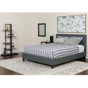 This modern low profile king sized platform bed and mattress in a box set is all that you need to get your beauty rest. Designed to give your room an open concept feel