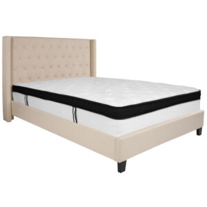 this luxurious platform bed will keep you in awe every time you walk into your bedroom. This complete set includes your queen sized bed frame and hybrid pocket spring and memory foam mattress in a box. This beauty is adorned by nailhead trimming on the protruding sides and has a button tufted panel headboard. The headboard has ample height to prop yourself up against it while the low set frame still provides an open appeal that you seek out when looking at platform beds. The mattress sits atop 30 wooden support slats. The 12" memory foam and pocket spring mattress provides superior motion isolation and supports the contours of your body. The hybrid mattress consists of pocket spring coils and two layers of memory foam padding that provide a barrier between the springs for easy resting. The foam is CertiPUR-US Certified so it's free from heavy metals