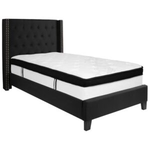 this luxurious platform bed will keep your kids in awe every time they walk into their bedroom. This complete set includes your twin sized bed frame and hybrid pocket spring and memory foam mattress in a box. This beauty is adorned by nailhead trimming on the protruding sides and has a button tufted panel headboard. The headboard has ample height to prop yourself up against it while the low set frame still provides an open appeal that you seek out when looking at platform beds. The mattress sits atop 14 wooden support slats. The 12" memory foam and pocket spring mattress provides superior motion isolation and supports the contours of your body. The hybrid mattress consists of pocket spring coils and two layers of memory foam padding that provide a barrier between the springs for easy resting. The foam is CertiPUR-US Certified so it's free from heavy metals