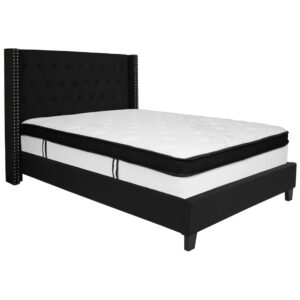 this luxurious platform bed will keep you in awe every time you walk into your bedroom. This complete set includes your full sized bed frame and hybrid pocket spring and memory foam mattress in a box. This beauty is adorned by nailhead trimming on the protruding sides and has a button tufted panel headboard. The headboard has ample height to prop yourself up against it while the low set frame still provides an open appeal that you seek out when looking at platform beds. The mattress sits atop 28 wooden support slats. The 12" memory foam and pocket spring mattress provides superior motion isolation and supports the contours of your body. The hybrid mattress consists of pocket spring coils and two layers of memory foam padding that provide a barrier between the springs for easy resting. The foam is CertiPUR-US Certified so it's free from heavy metals