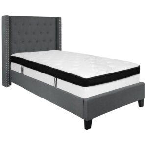 this luxurious platform bed will keep your kids in awe every time they walk into their bedroom. This complete set includes your twin sized bed frame and hybrid pocket spring and memory foam mattress in a box. This beauty is adorned by nailhead trimming on the protruding sides and has a button tufted panel headboard. The headboard has ample height to prop yourself up against it while the low set frame still provides an open appeal that you seek out when looking at platform beds. The mattress sits atop 14 wooden support slats. The 12" memory foam and pocket spring mattress provides superior motion isolation and supports the contours of your body. The hybrid mattress consists of pocket spring coils and two layers of memory foam padding that provide a barrier between the springs for easy resting. The foam is CertiPUR-US Certified so it's free from heavy metals