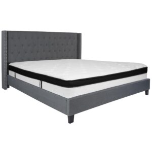 this luxurious platform bed will keep you in awe every time you walk into your bedroom. This complete set includes your king sized bed frame and hybrid pocket spring and memory foam mattress in a box. This beauty is adorned by nailhead trimming on the protruding sides and has a button tufted panel headboard. The headboard has ample height to prop yourself up against it while the low set frame still provides an open appeal that you seek out when looking at platform beds. The mattress sits atop 45 wooden support slats. The 12" memory foam and pocket spring mattress provides superior motion isolation and supports the contours of your body. The hybrid mattress consists of pocket spring coils and two layers of memory foam padding that provide a barrier between the springs for easy resting. The foam is CertiPUR-US Certified so it's free from heavy metals