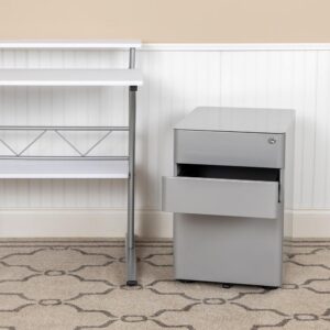 insert this locking file cabinet to keep the minimalistic appearance of your modern office desk. This 3-drawer pedestal file cabinet has low set casters to keep up with the needs of a busy worker. The convenience of casters is ideal for employees who regularly file documents