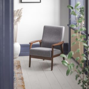 the soft but durable faux linen upholstery feels amazing and invites guests to curl up and relax. The wooden armrests boast a walnut finish and relieve tension from the neck and shoulders for complete comfort. Made with sturdiness in mind