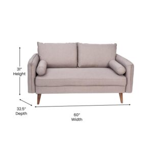 Cool sophistication and old school design blend beautifully in the trendy mid-century modern aesthetic of this compact loveseat ideal for small spaces. Cozy faux linen upholstery covers this 2-seater couch and gives any space an instant upgrade. Real wood legs and a solid wood frame allow this loveseat to hold up to 600 Lbs. static weight while generous foam padding atop the pocket springs adds an extra supportive feel. Fixed floor glides prevent damage to your hard flooring surfaces and the attached seat cushion keeps your space tidy. The twin back cushions are removable for fluffing or to catch a quick nap. Tool-free assembly takes less than 10 minutes for quick and easy setup and aa damp cloth is all it takes to keep it looking new. This 2 person couch arrives in a single box and pairs with other pieces in our collection to complete the look of your living room